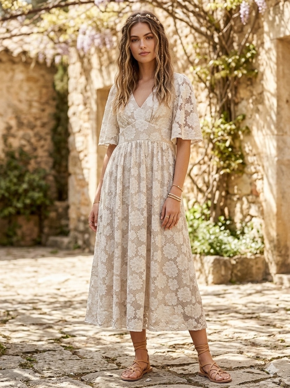 Listicle Ivory Crochet Lace Midi Dress Women’s Medium Boho V-Neck Flutter Sleeve